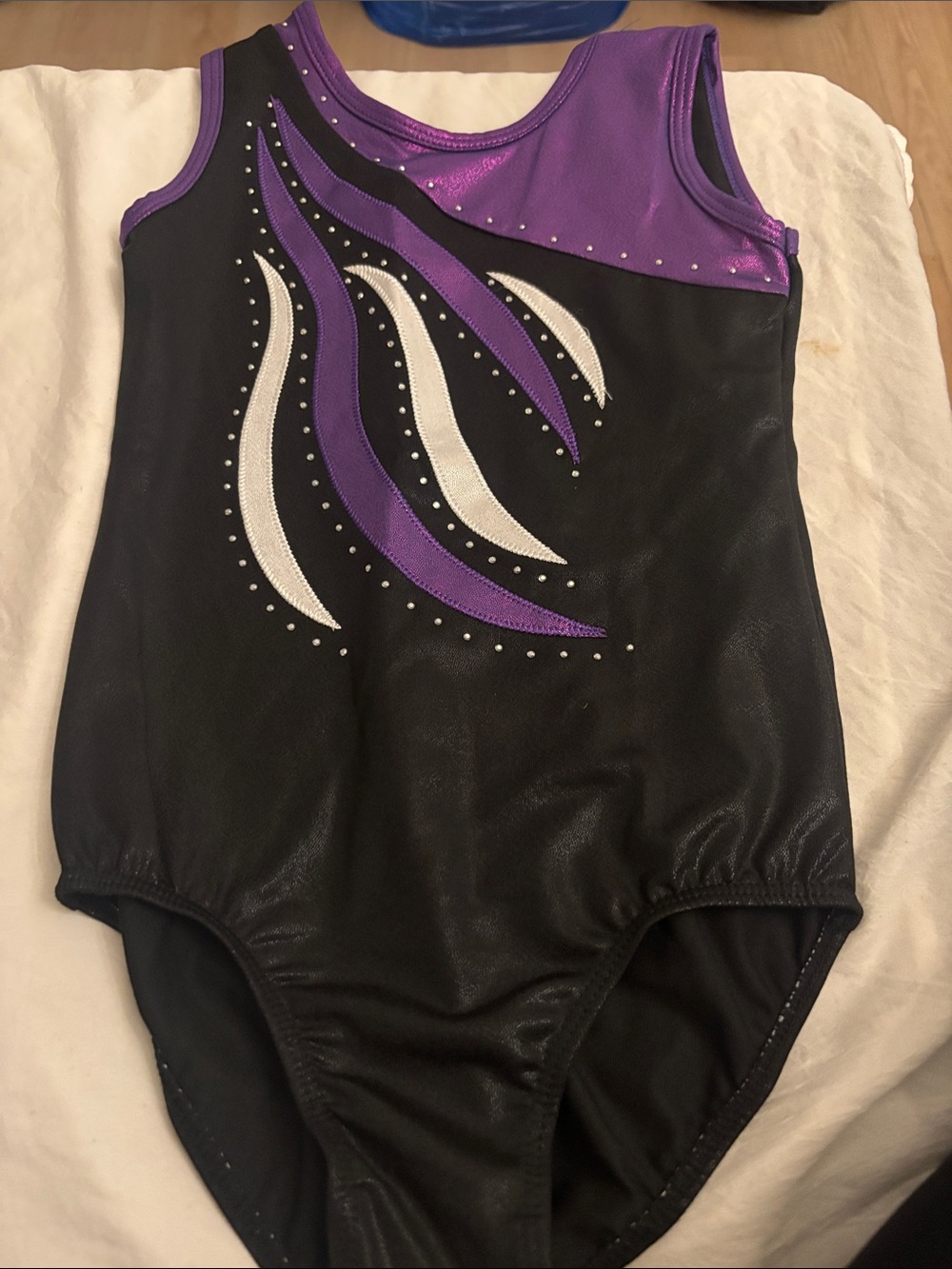 Girls Black and Purple Gymnastics Leotard with Silver Accents